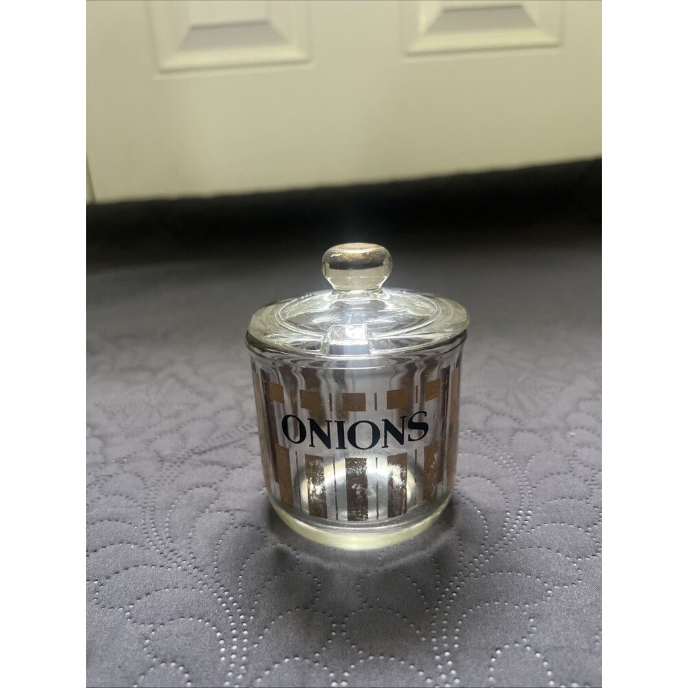 Vintage Glass Onion Condiment Container, Small 3” X 3” w/ Gold Stripes Houseware